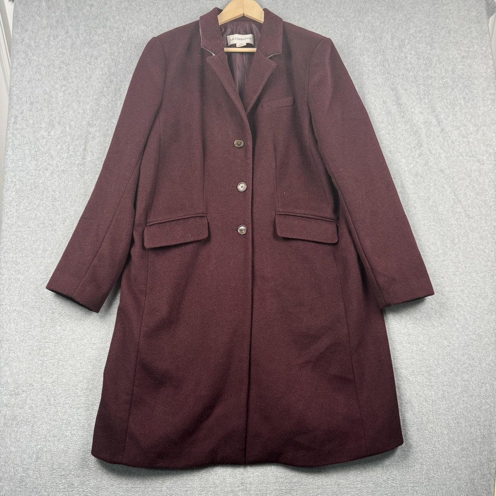 Liz Claiborne Coat Womens XL Burgundy Purple Wool Blend Pea Coat Overcoat Button